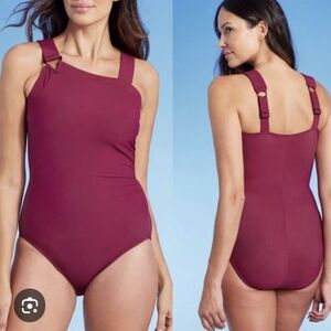 Women's One-Piece Swimsuit with Buckle Straps - Wine